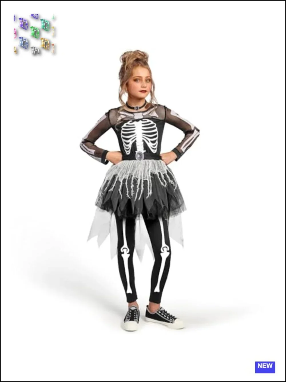 Girls Skeleton Tutu Dress Costume Set with Belt, Leggings & Choker Halloween
